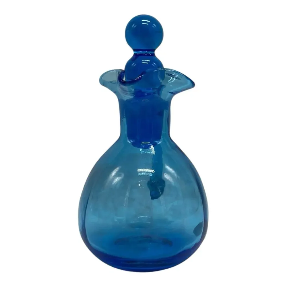VTG RAINBOW Art Glass Bright Blue Pitcher Vase Decanter Oil Cruet Stopper 5in‎